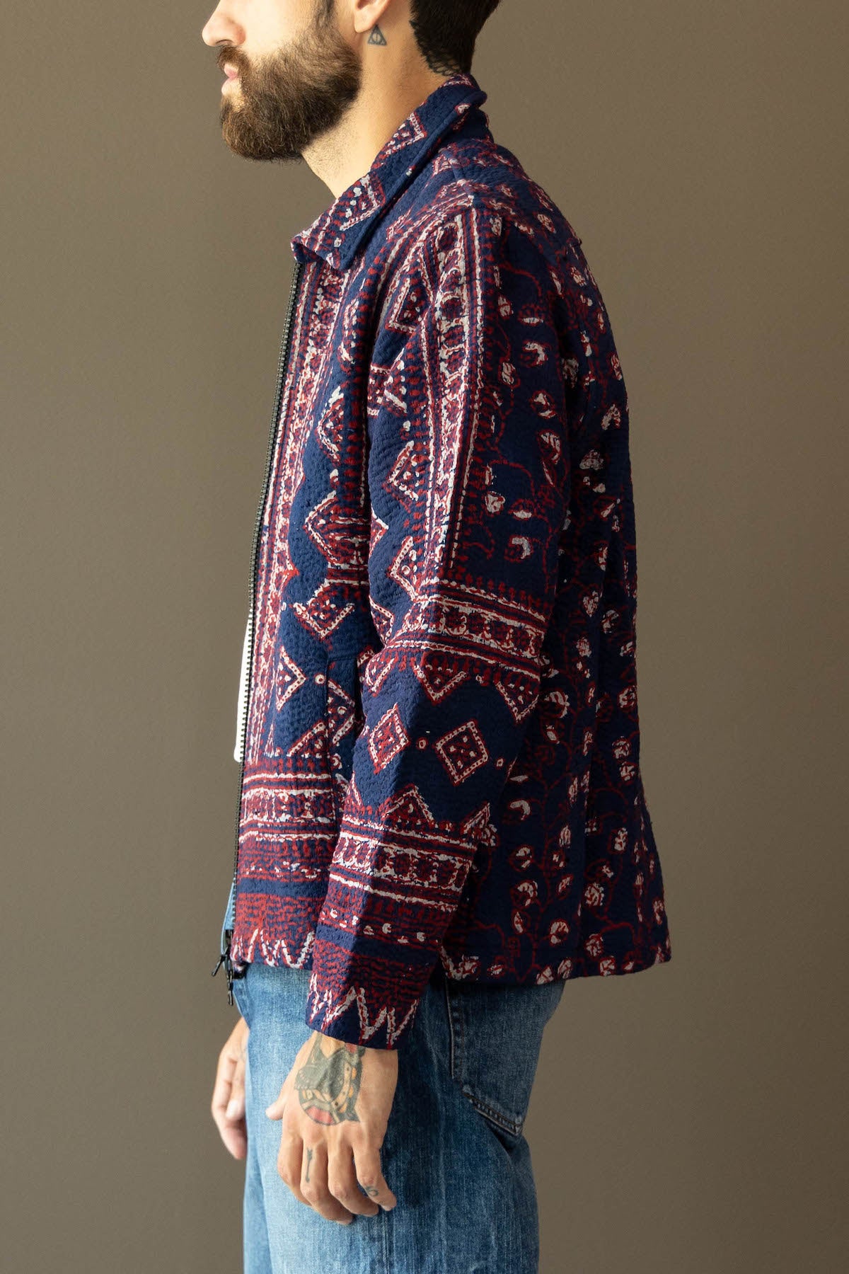Karu Research - Vintage Kantha Jacket - Indigo Ajrakh Block Printing - Canoe Club