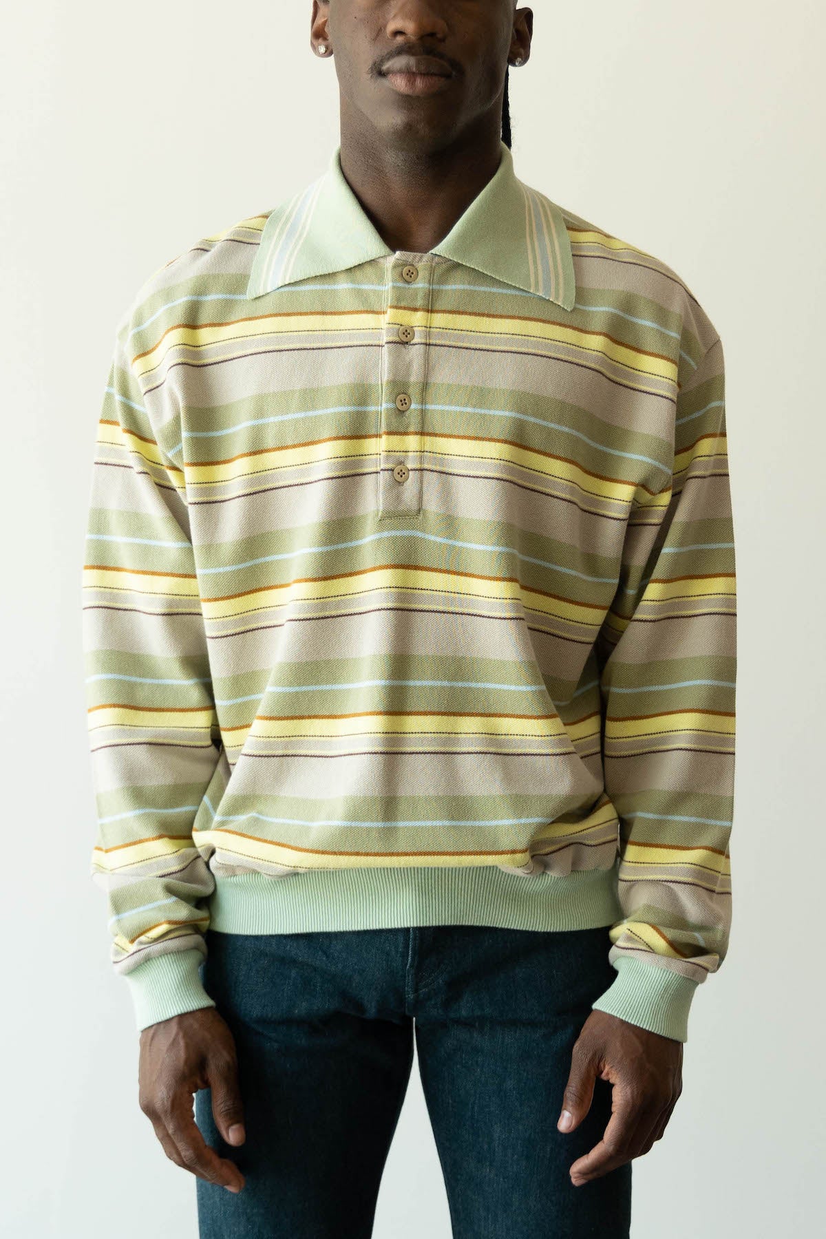 Kapital - Multi Stripe Piquet WRANGLE Collar Retro Polo Shirt - Beige/Khaki - Canoe Club