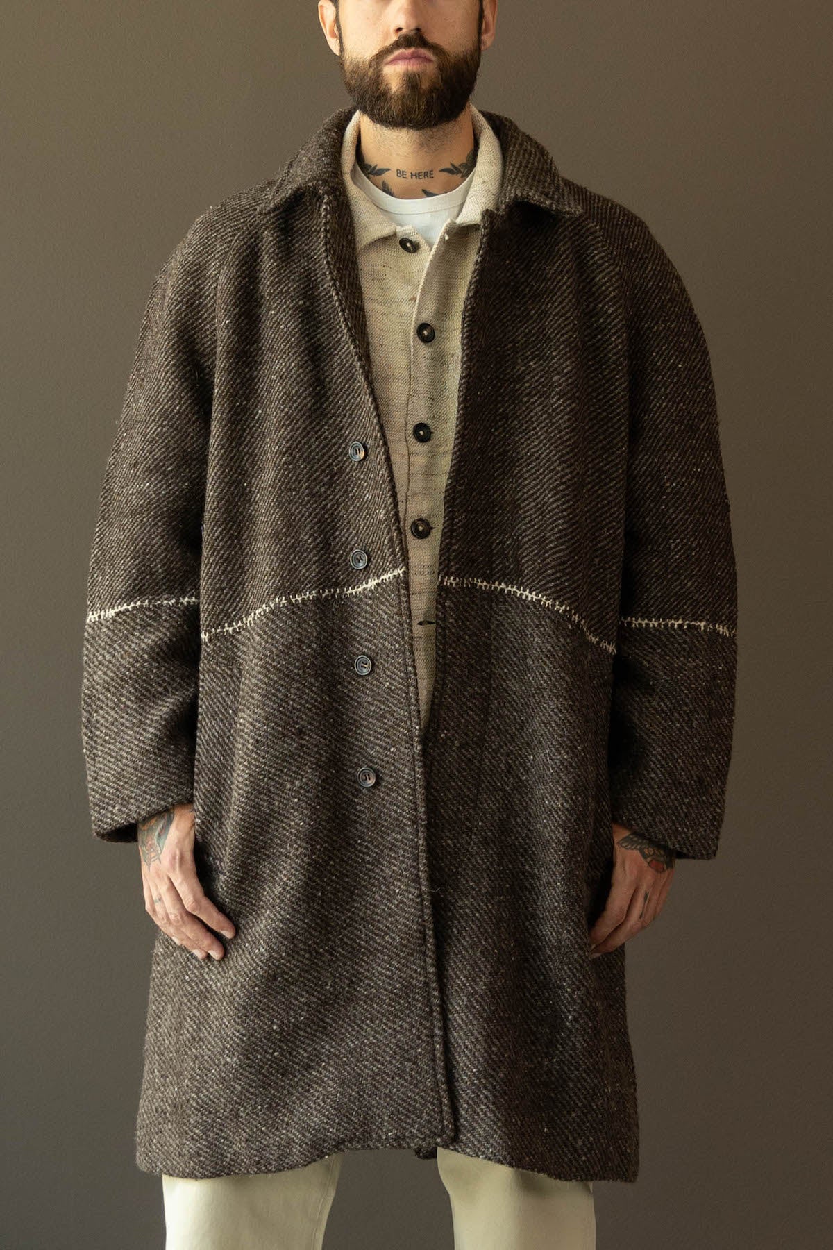 Karu Research - Raglan Overcoat - Hand Embroidery Brown/White - Canoe Club