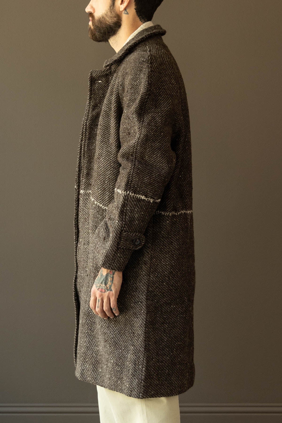 Karu Research - Raglan Overcoat - Hand Embroidery Brown/White - Canoe Club