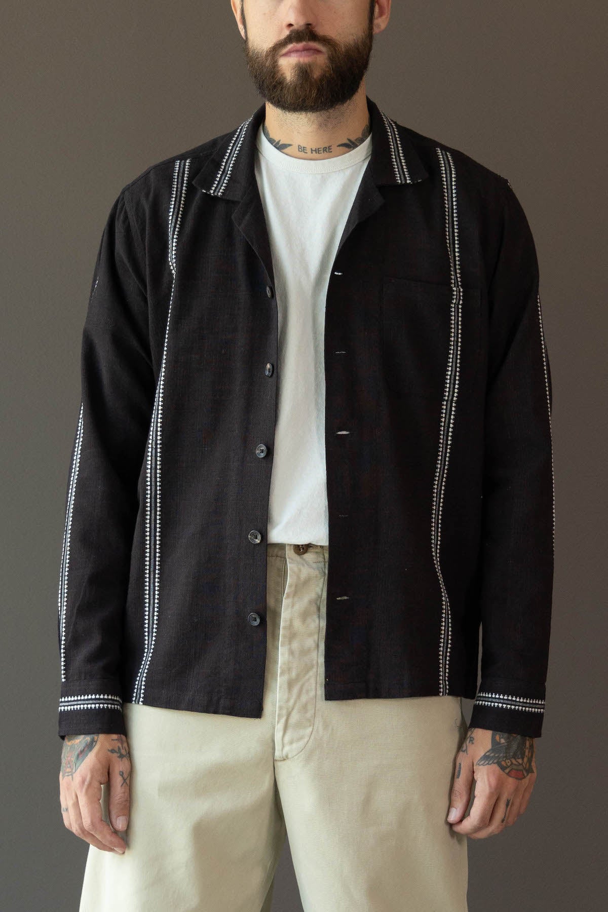 Karu Research - Longsleeve Camp Shirt - Brown/White Jacquard Weave - Canoe Club
