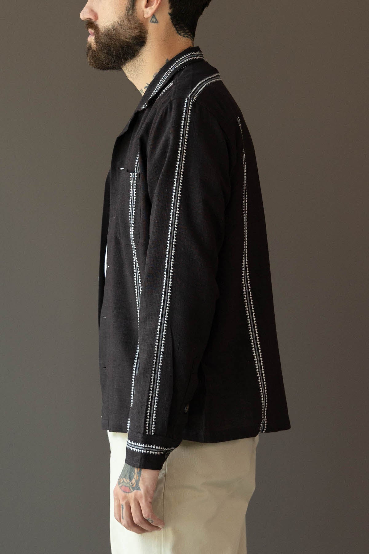 Karu Research - Longsleeve Camp Shirt - Brown/White Jacquard Weave - Canoe Club