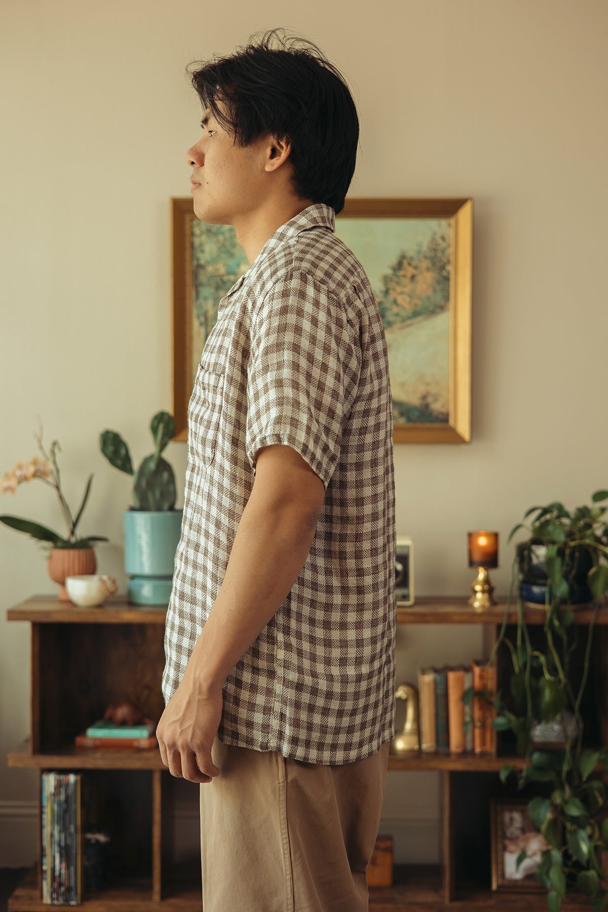 Beams Plus - Open Collar Pajama Plaid Linen - Brown - Canoe Club