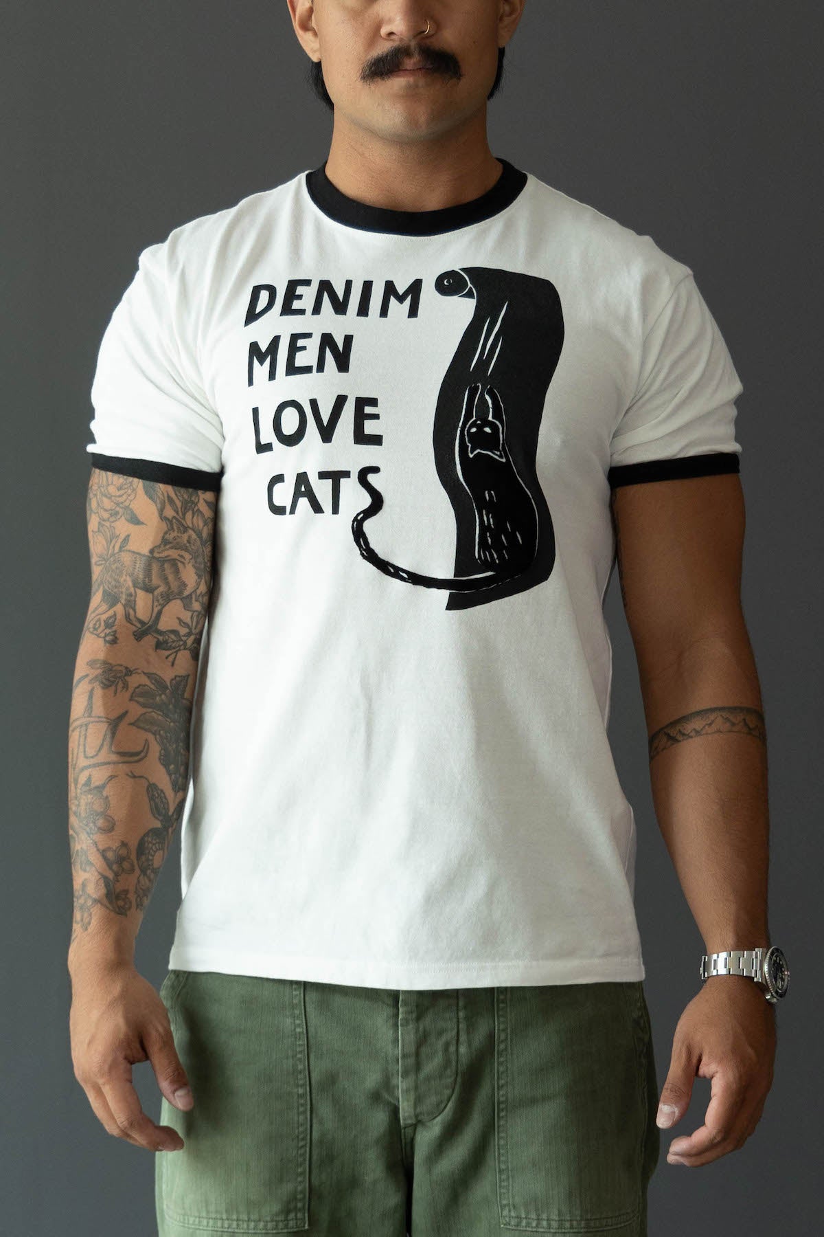 Kapital - 20/-Jersey Ringer T (DENIM MEN LOVE CATS SCRATCH) - White - Canoe Club