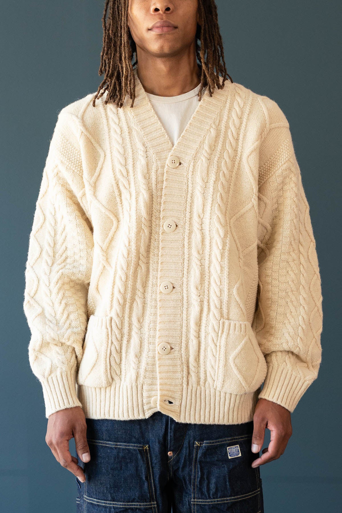Kapital - 5G Wool Cable Knit Elbow-CATPITAL Cardigan - Ecru - Canoe Club