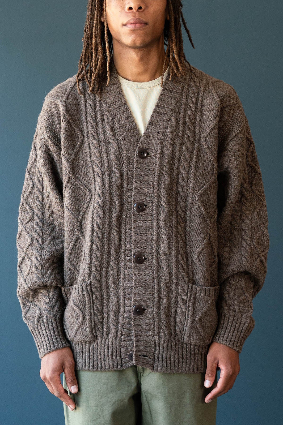 Kapital - 5G Wool Cable Knit Elbow-CATPITAL Cardigan - Moca Brown - Canoe Club