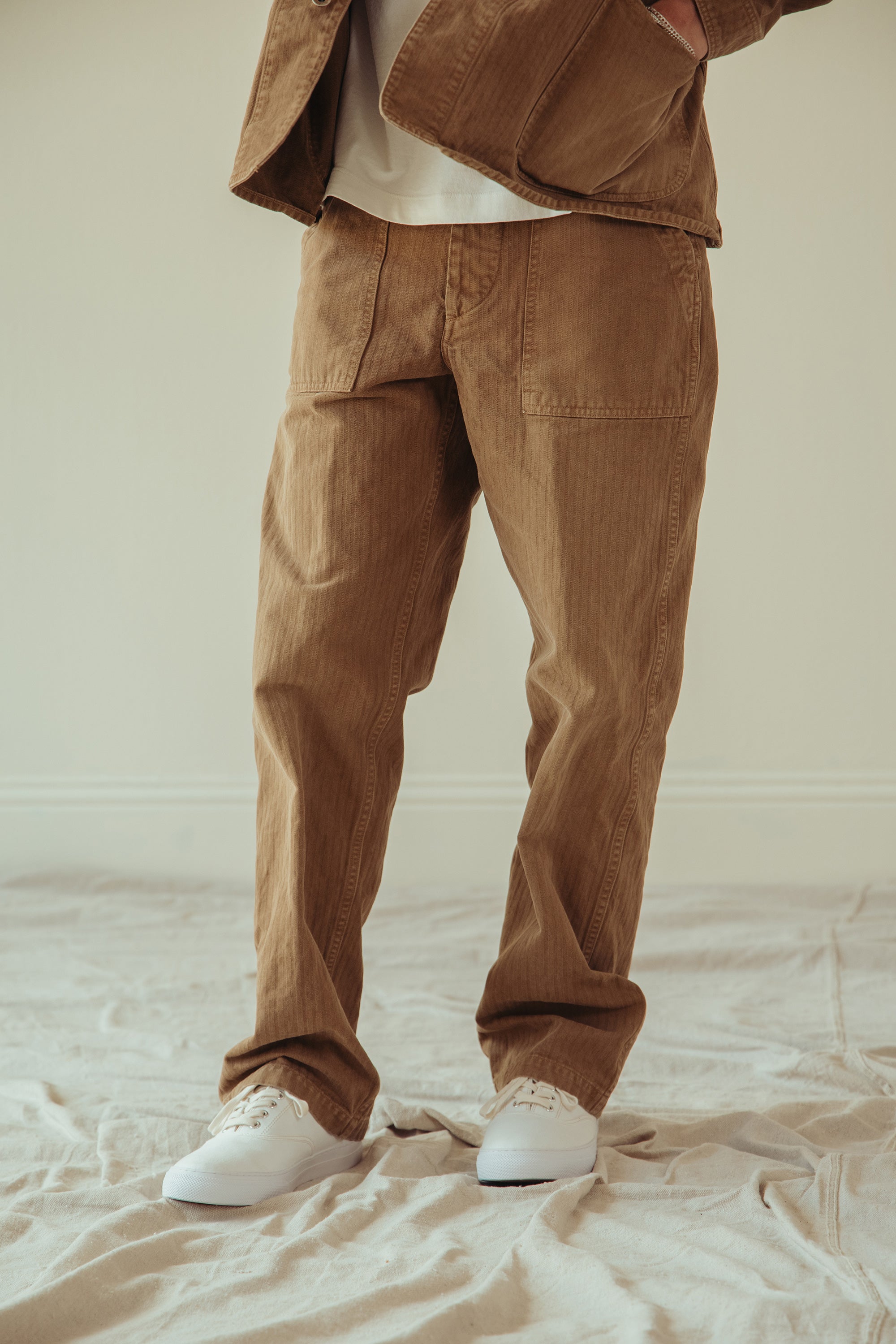 Canoe Club x orSlow - orSlow x Canoe Club Regular Fit Fatigue Pants - Walnut Brown Herringbone Twill - Canoe Club