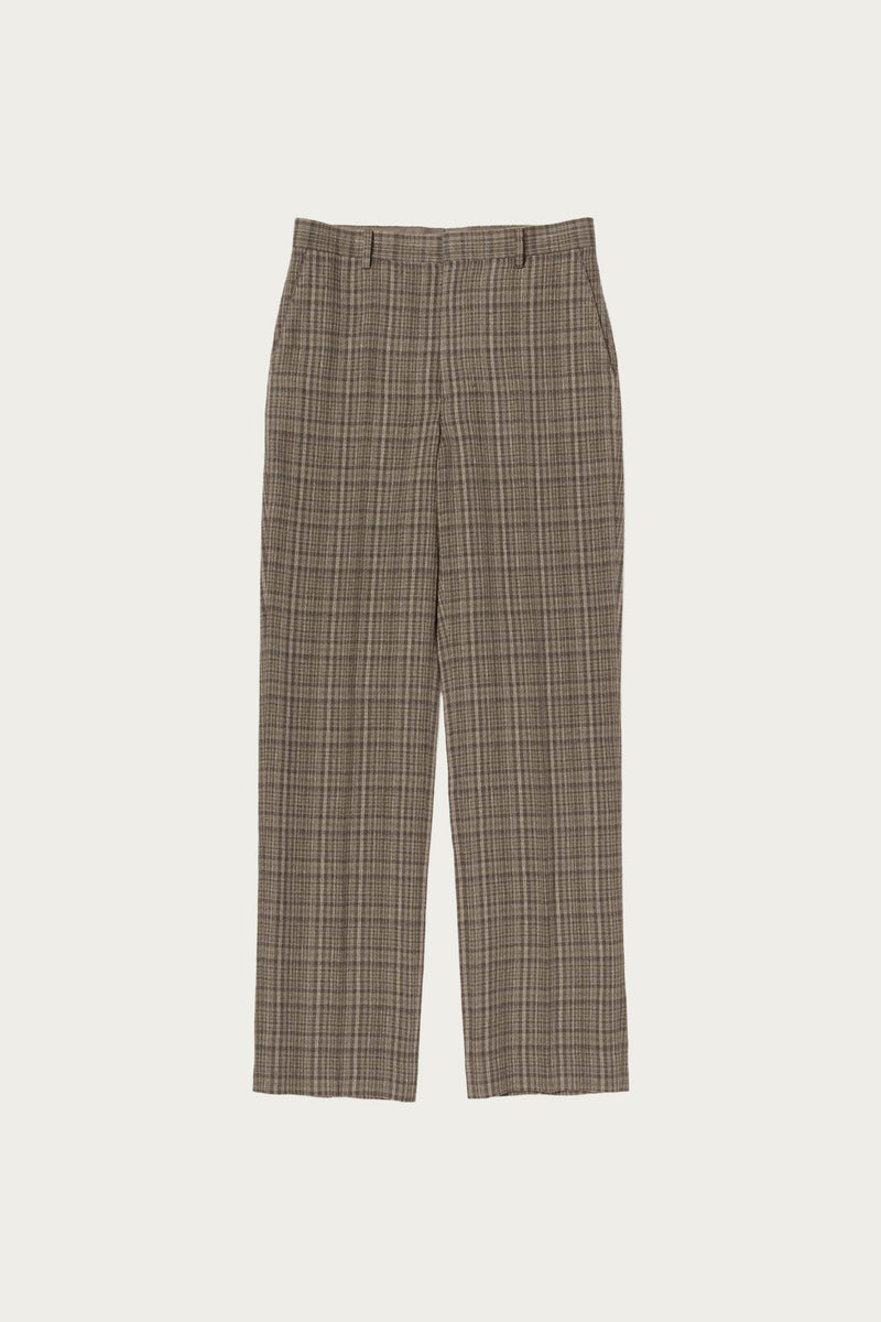 Auralee Silk Linen Nep Check Slacks | Dark Brown Check | Canoe Club