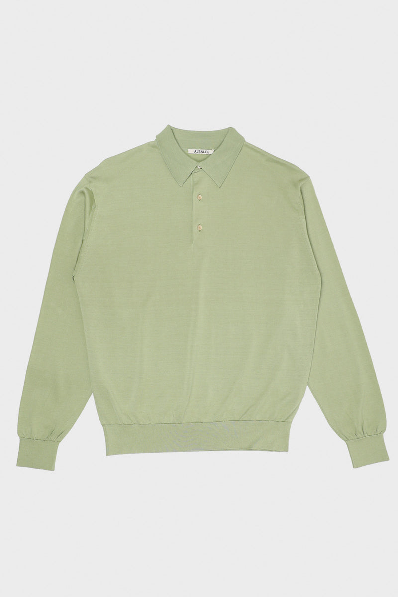 Auralee Super High Gauge Washable Silk Knit Polo | Light Green | Canoe Club