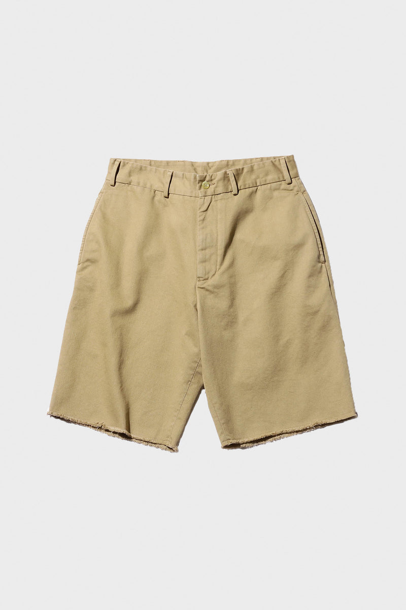Beams+ Plain Front Shorts Cut-Off Twill Garment Dye | Khaki