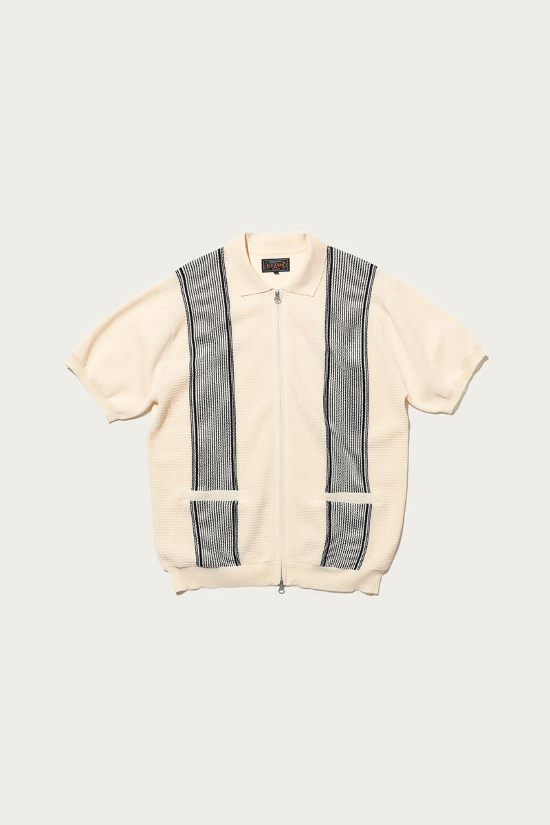 Beams+ Zip Knit Polo Stripe | Off White | Canoe Club