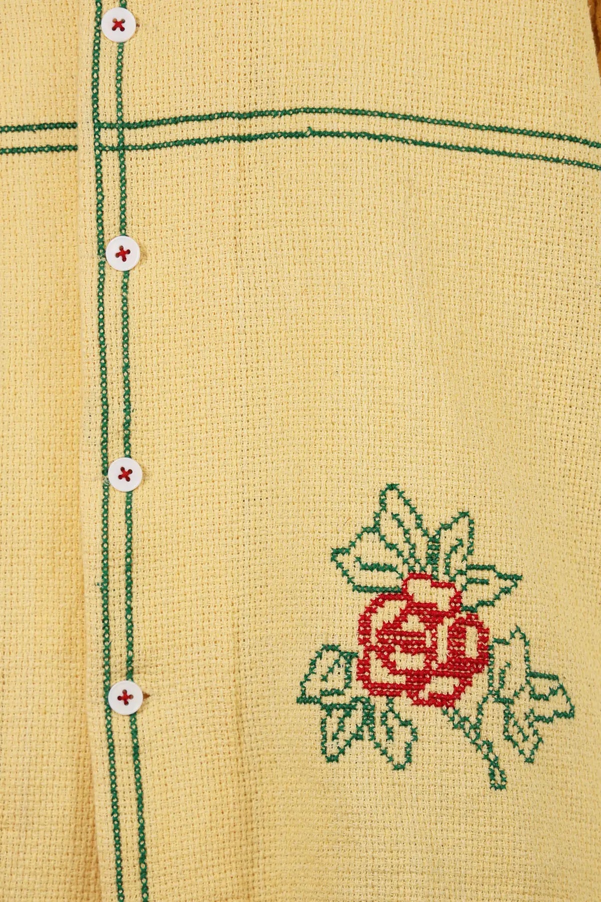Harago - Cross Stitch Floral Short Sleeve Shirt - Yellow - Canoe Club
