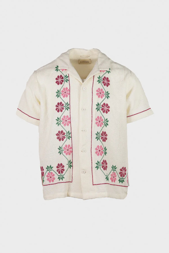 Harago - Floral Cross Stitch Short Sleeve Shirt - Off White - Canoe Club
