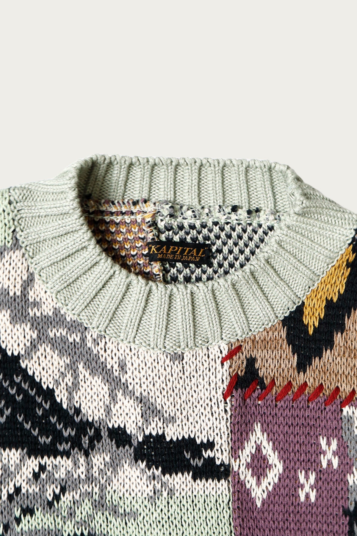 Kapital - 5G Cotton Knit Patchwork BIG Crew Sweater(Cat&Raven) - Mint - Canoe Club
