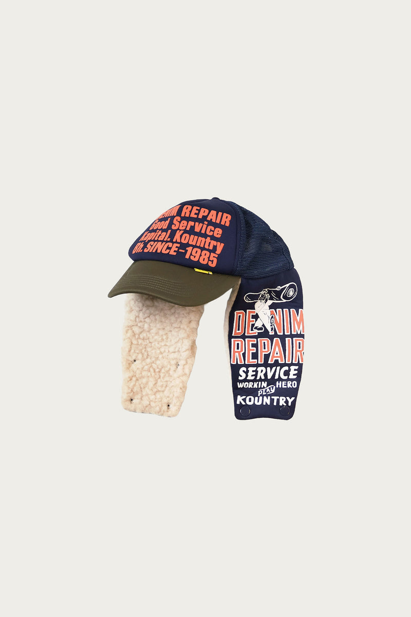 Kapital DENIM REPAIR SERVICE LUMBER Trucker Cap | Navy/Khaki