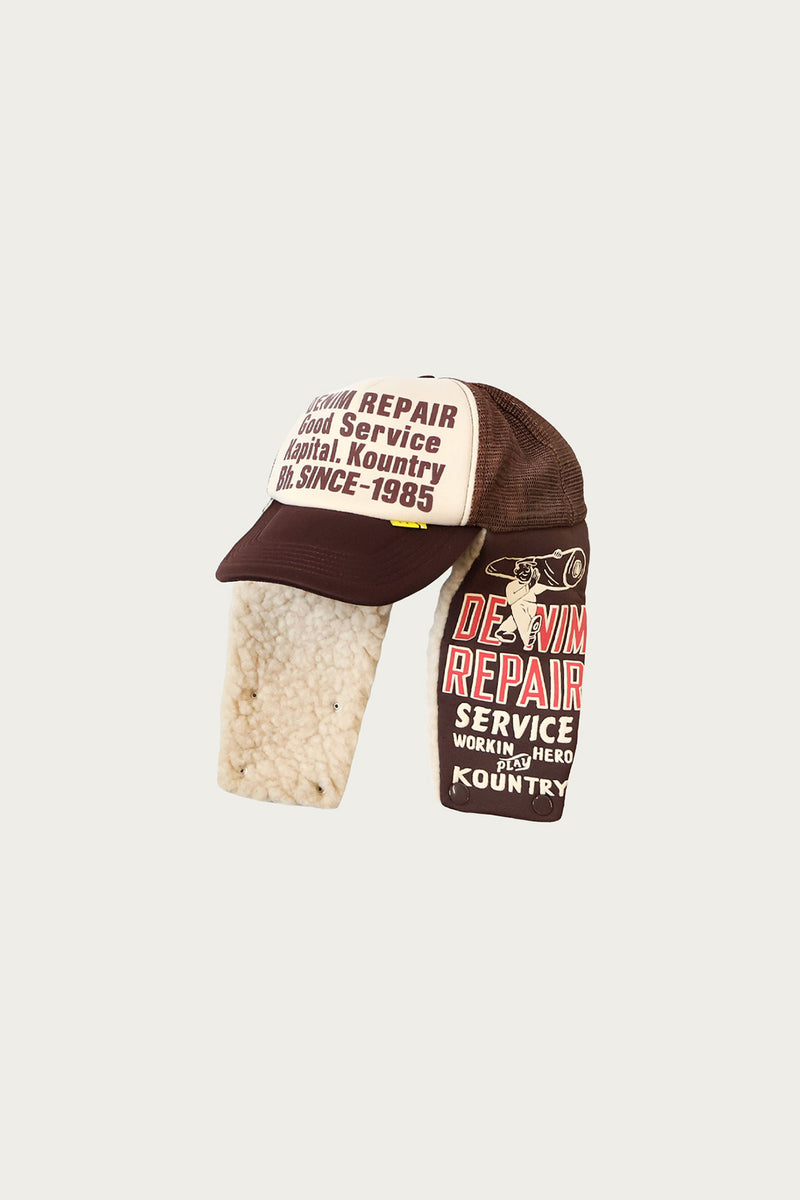 Kapital DENIM REPAIR SERVICE LUMBER Trucker Cap | Off White/Brown