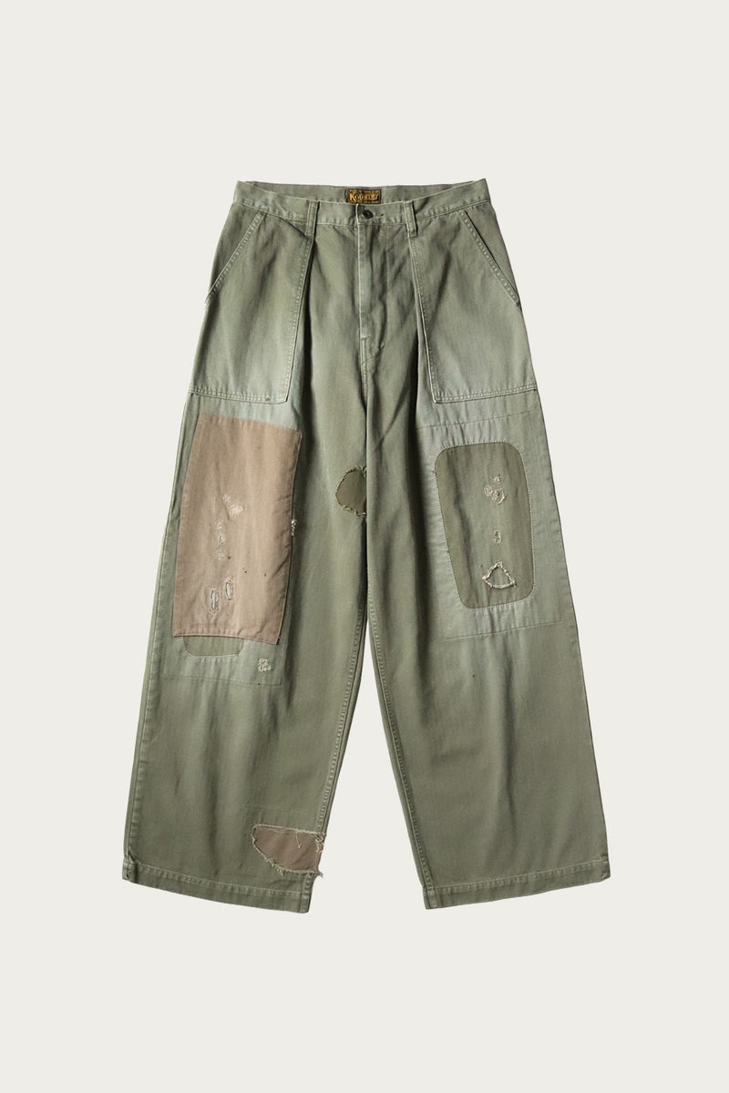 Kapital Herringbone FATIGUE Baggy Pants (RUSHFIELD Remake) | Khaki