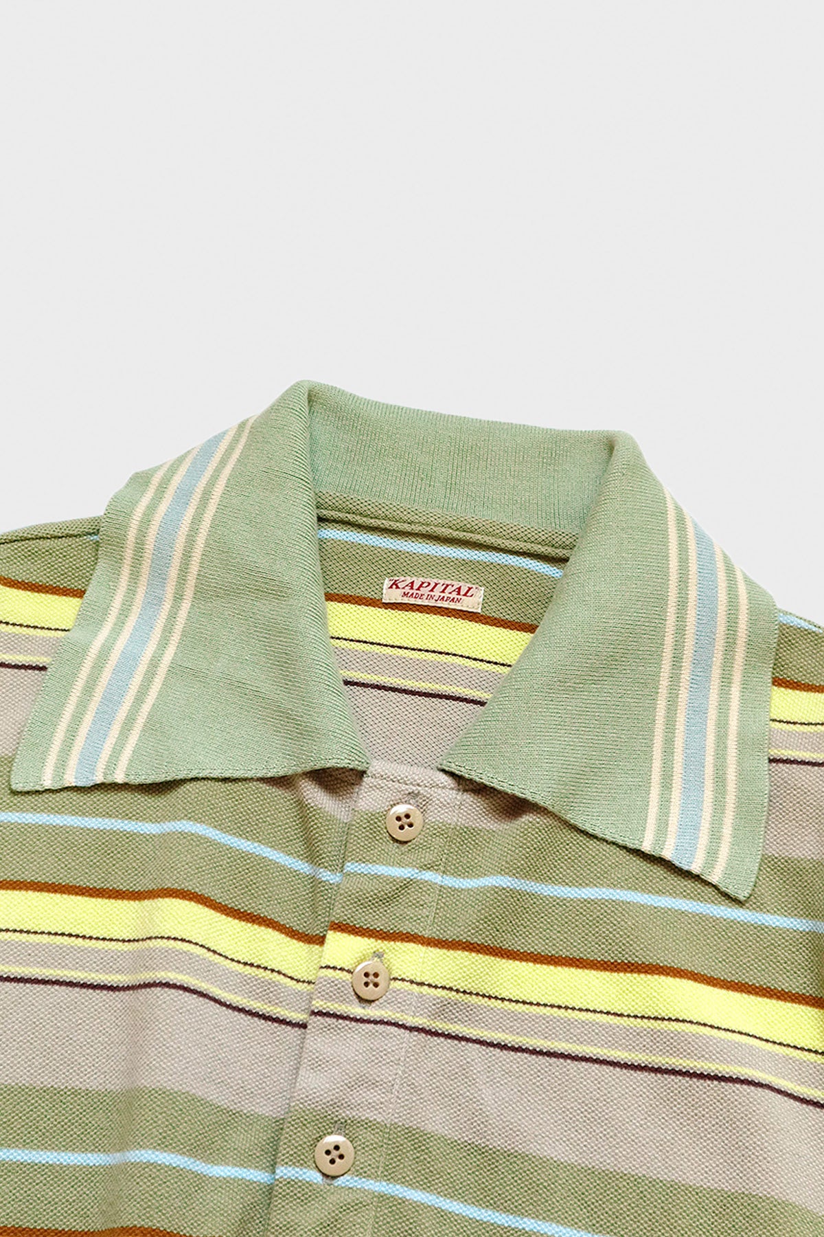 Kapital - Multi Stripe Piquet WRANGLE Collar Retro Polo Shirt - Beige/Khaki - Canoe Club