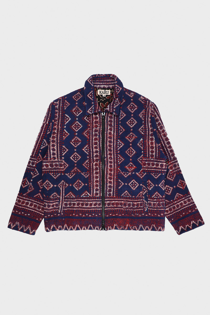 KARU RESEARCH カンタ刺繍 ジャケット S Karu Research Vintage Kantha Jacket | Indigo Ajrakh Block Printing