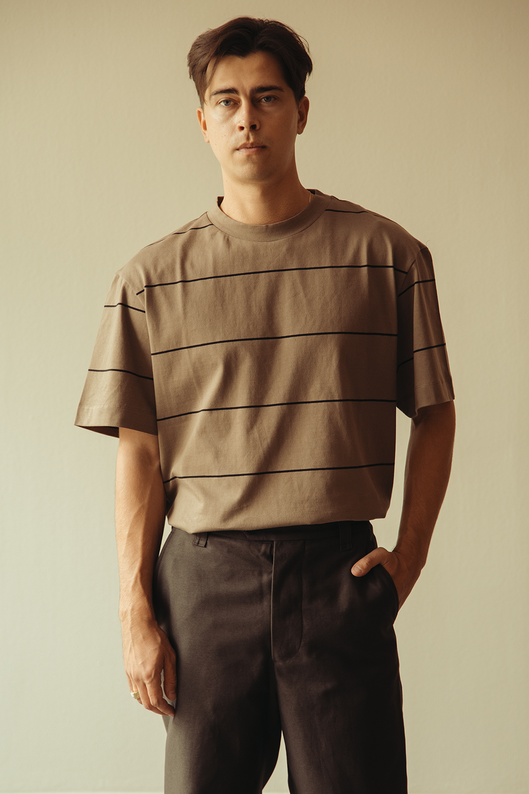 Margaret Howell - Short Sleeve T-Shirt - Mink/Black Cotton Jersey - Canoe Club
