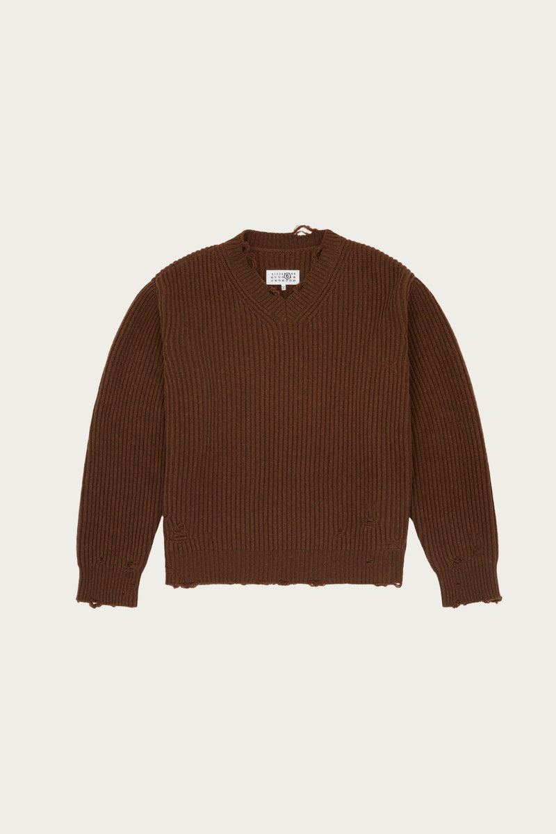 テンダーロイン V NECK COTTON KNIT M BROWN mm6-distressed-v-neck