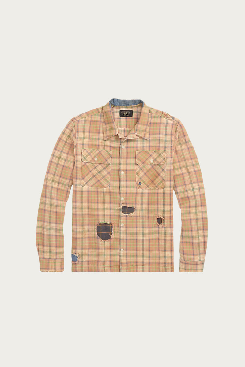 RRL Repaired Plaid Twill Camp Shirt | Orange/Multi | Canoe Club