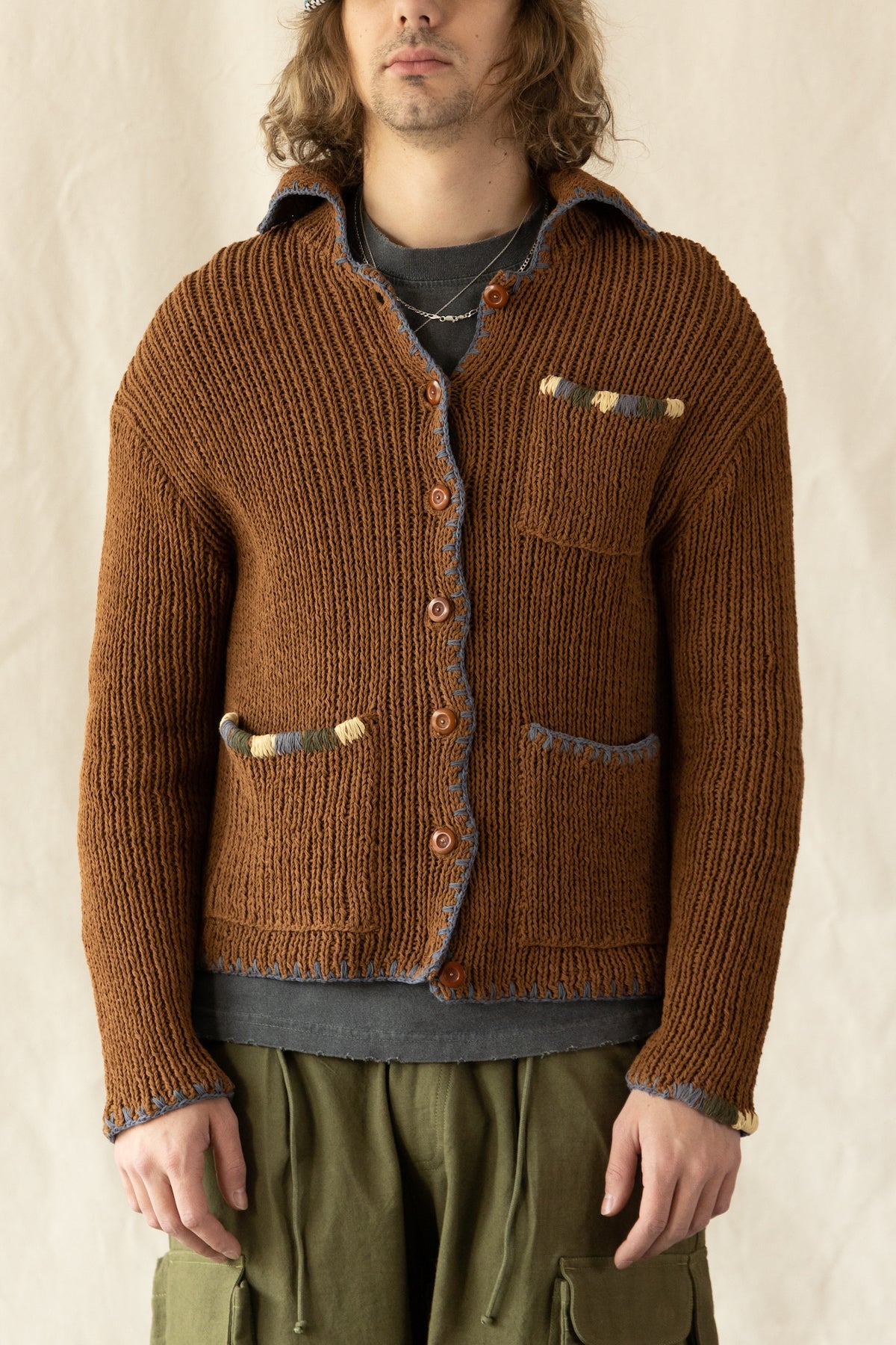 Story Mfg. - Grandad Cardigan Hand Knit - Brown - Canoe Club