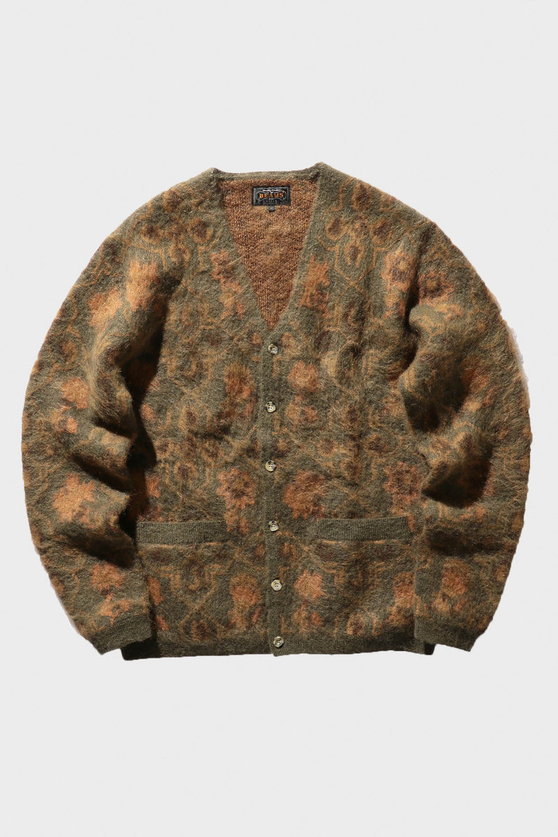 Beams Plus Cardigan Botanical Jacquard | Olive | Canoe Club