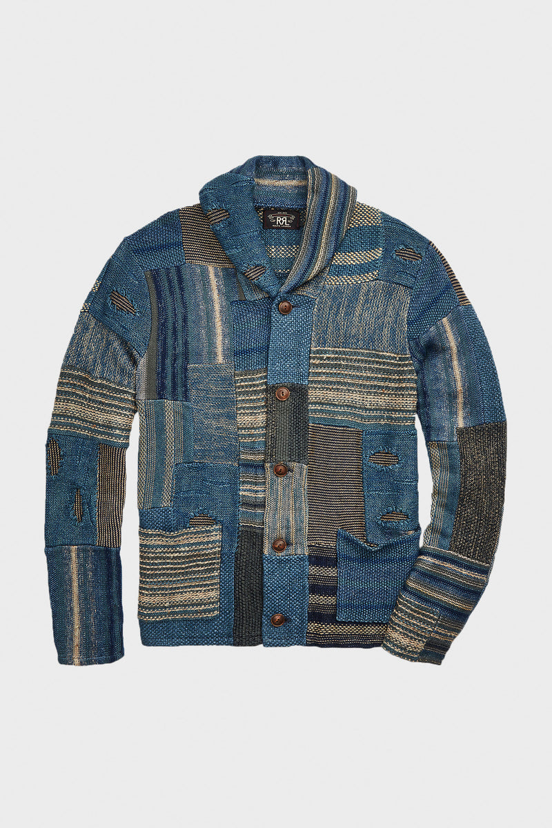 RRL Indigo Patchwork Linen-Blend Cardigan | Indigo Multi | Canoe Club