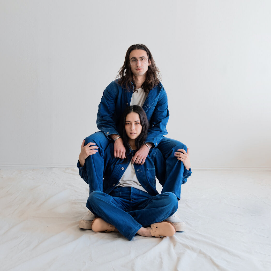orslow x canoe club exclusive standard fit fatigue pants and 40s coverall in french blue herringbone twill