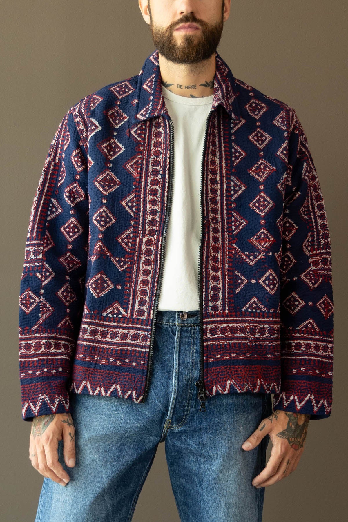 Karu Research - Vintage Kantha Jacket - Indigo Ajrakh Block Printing - Canoe Club