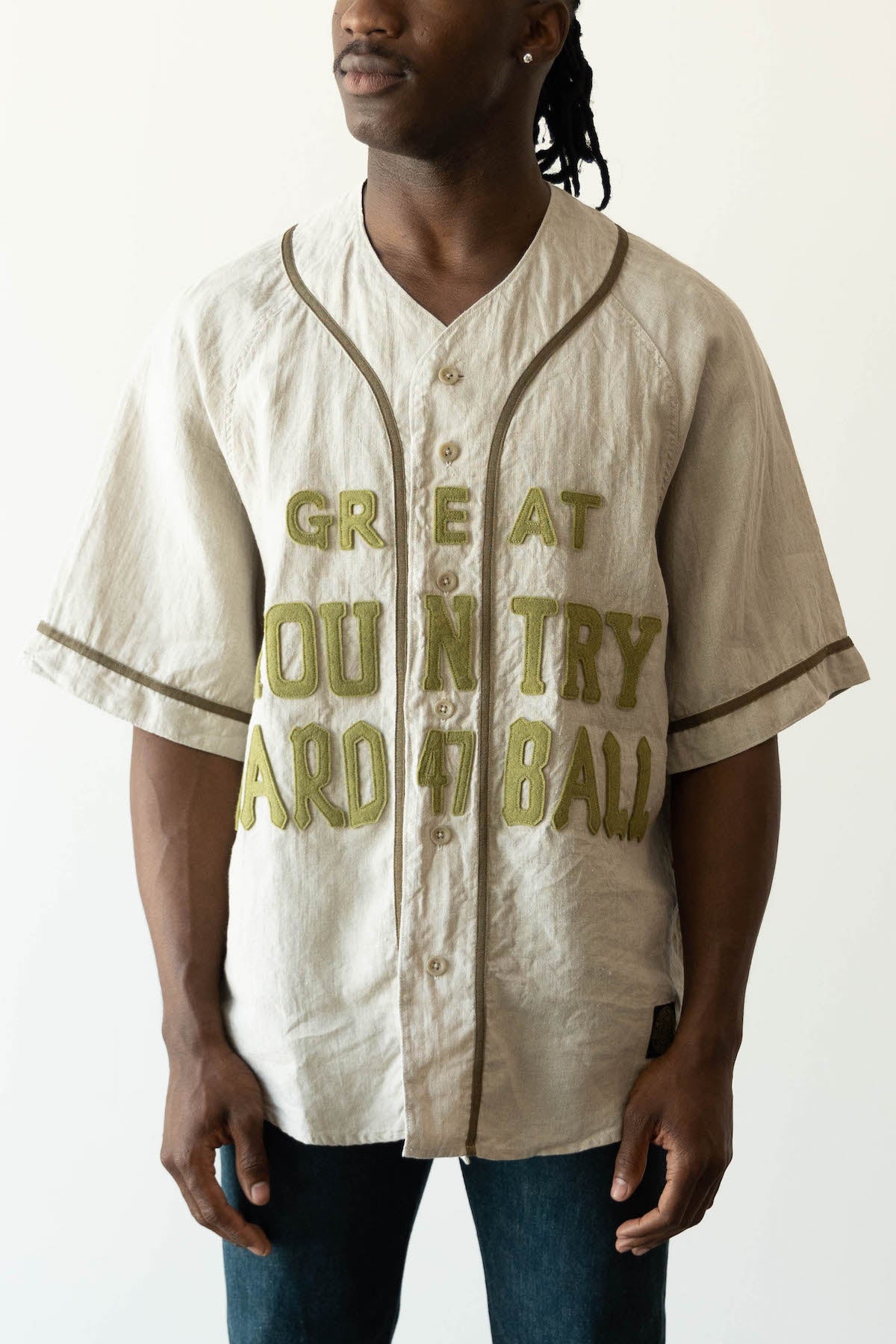 Kapital French Linen GREAT KOUNTRY Baseball Shirt | Beige | Canoe Club