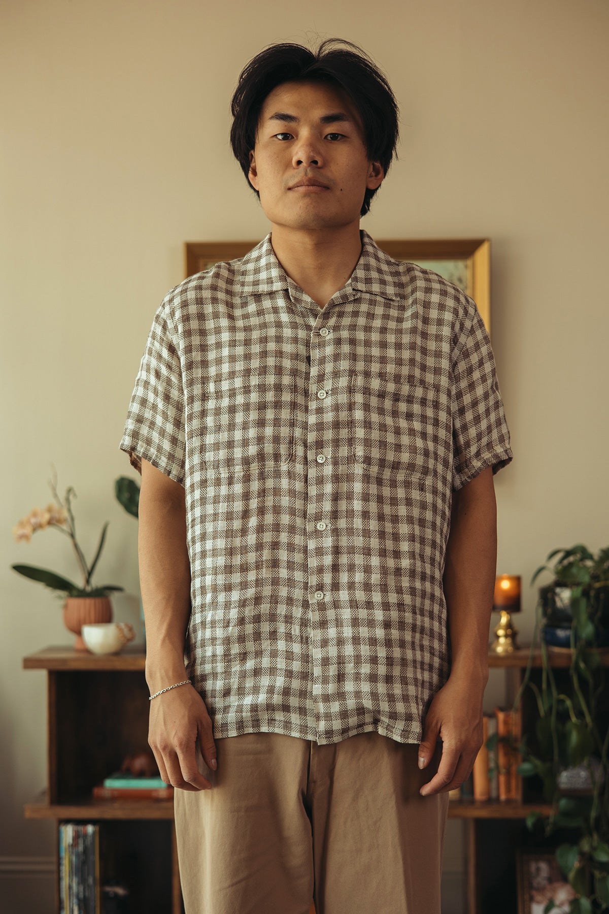 Beams Plus - Open Collar Pajama Plaid Linen - Brown - Canoe Club