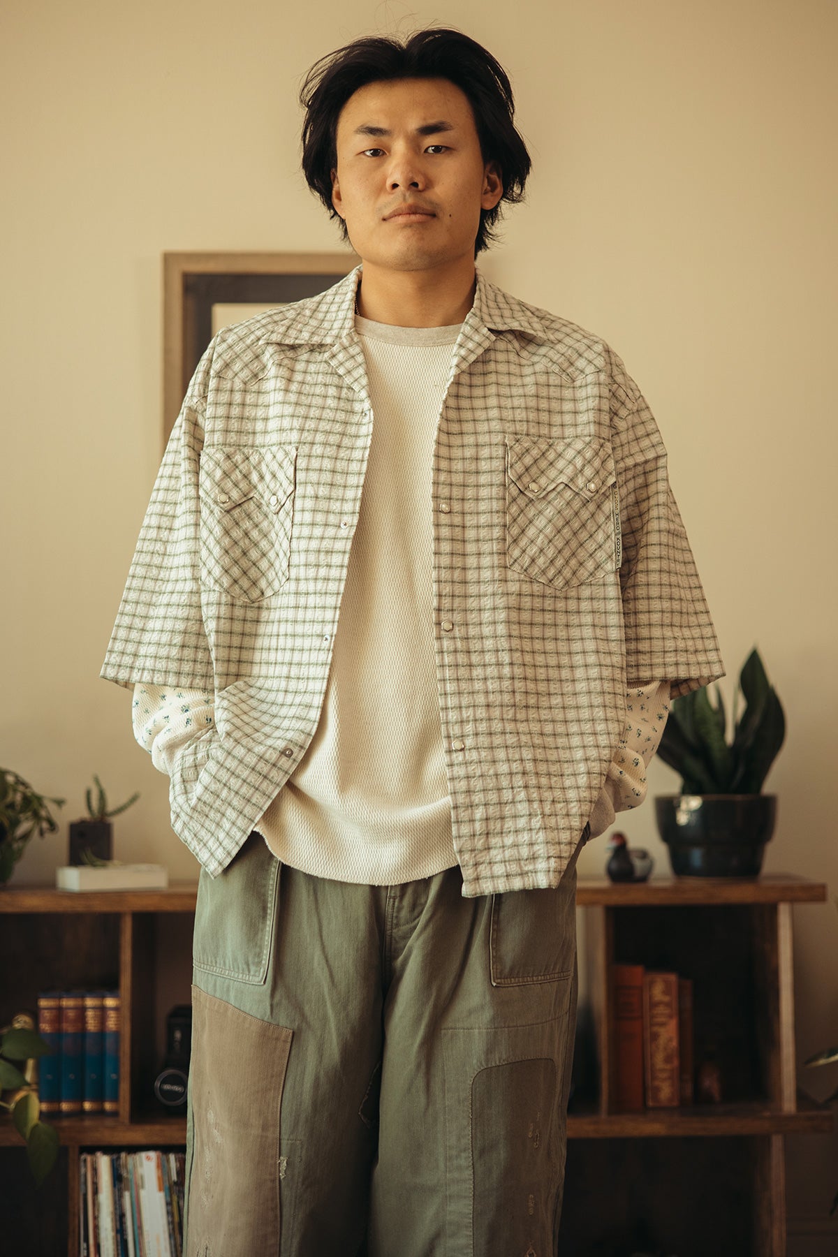 Kapital Cotton Linen Seersucker Check Open-Collar Western BIG