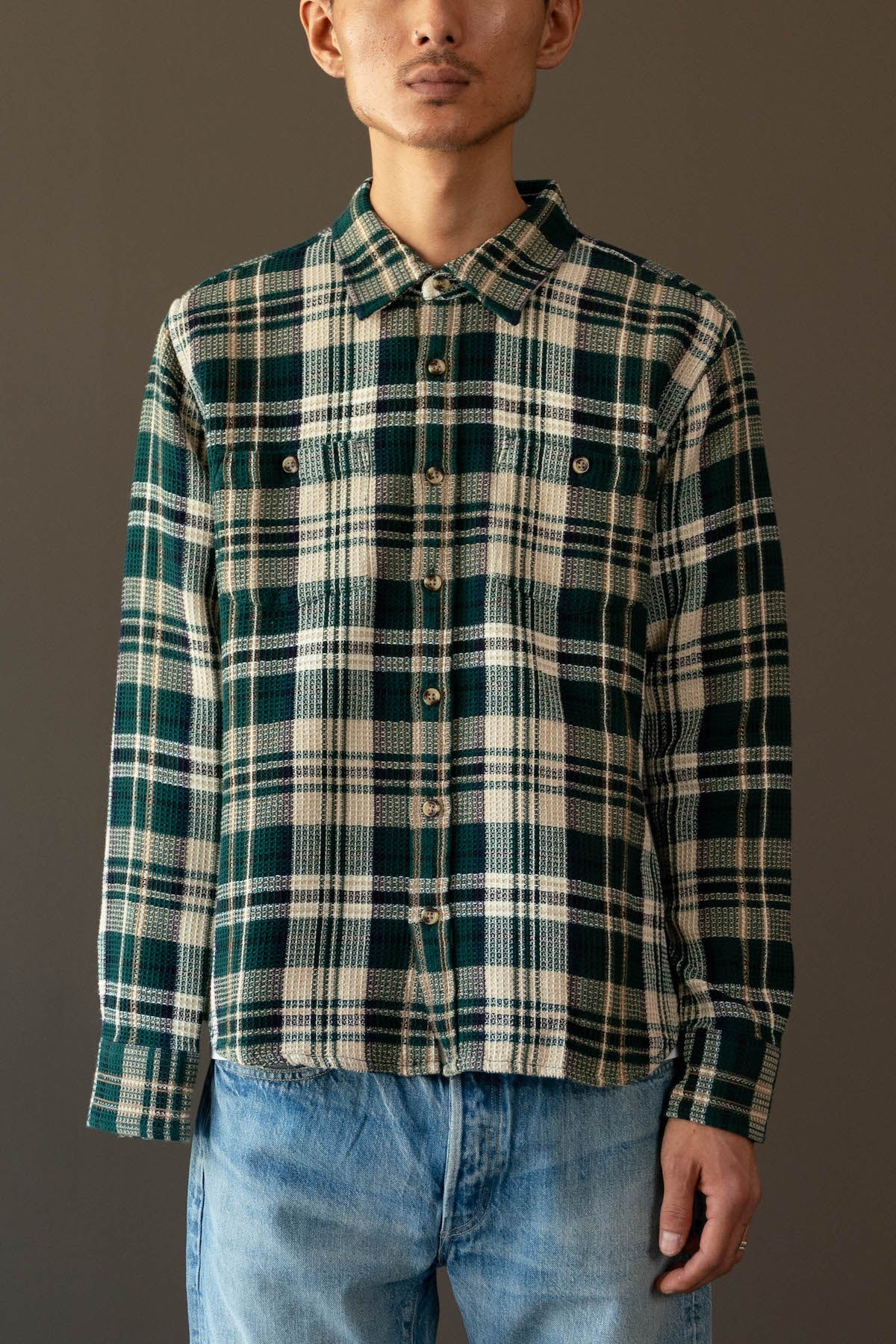 Corridor - Glen Falls Waffle Madras Longsleeve - Green - Canoe Club