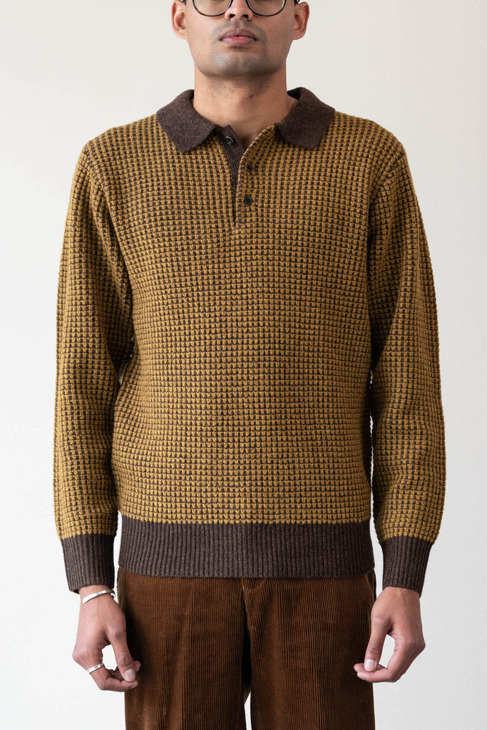 Beams Plus - Knit Polo Crochet-Like - Brown/Mustard - Canoe Club