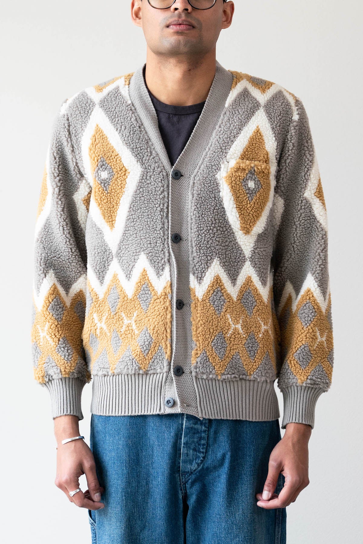 Cardigan Boa Jacquard - Lt. Grey/Mustard