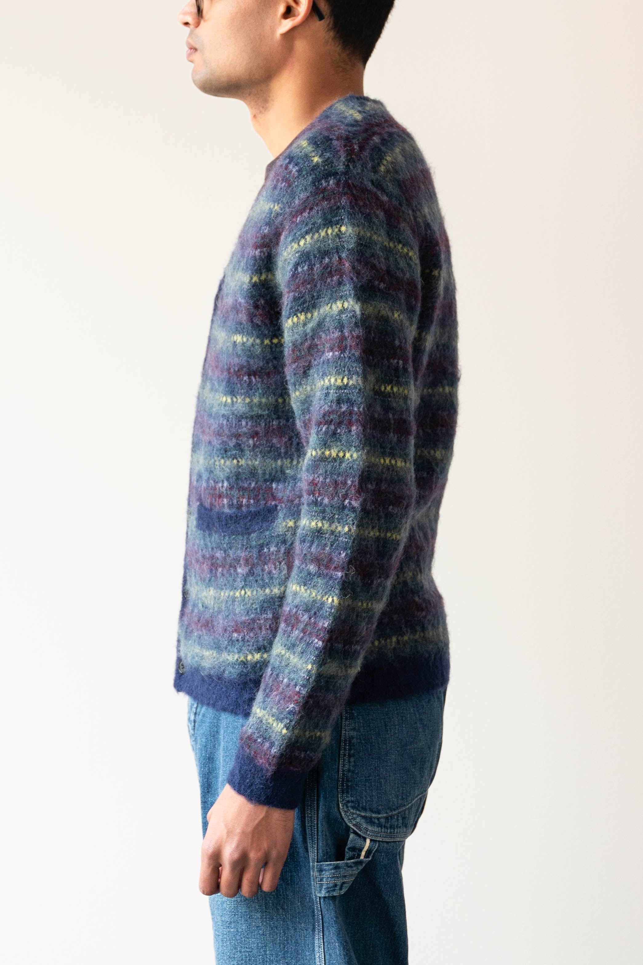 BEAMS+ Double Jacquard Check Pattern Cardigan - Navy Small