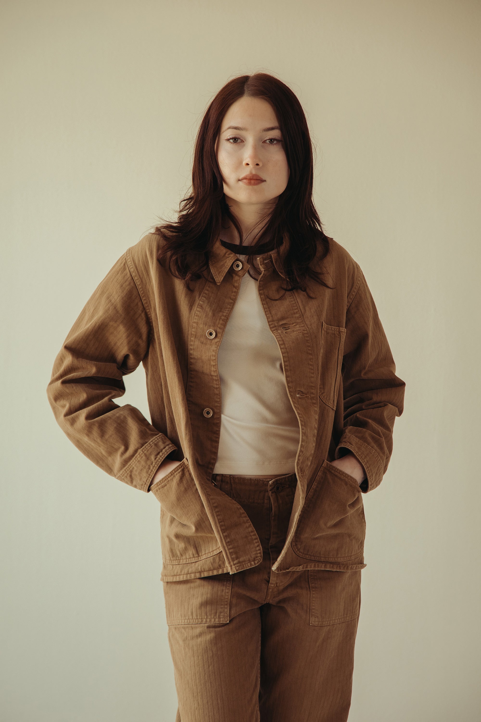 Canoe Club x orSlow - orSlow x Canoe Club 40's Coverall Jacket - Walnut Brown Herringbone Twill - Canoe Club
