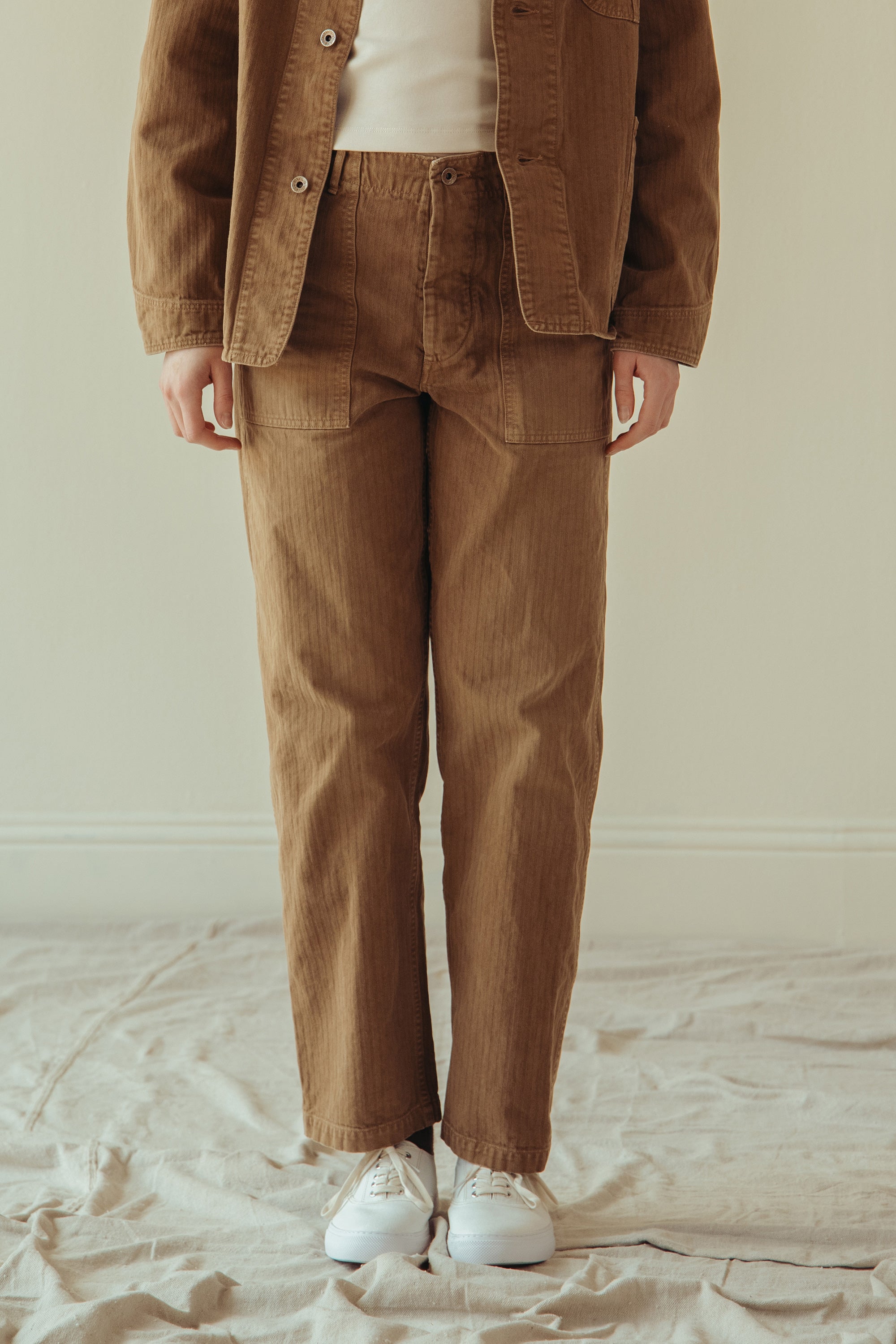 Canoe Club x orSlow - orSlow x Canoe Club Regular Fit Fatigue Pants - Walnut Brown Herringbone Twill - Canoe Club
