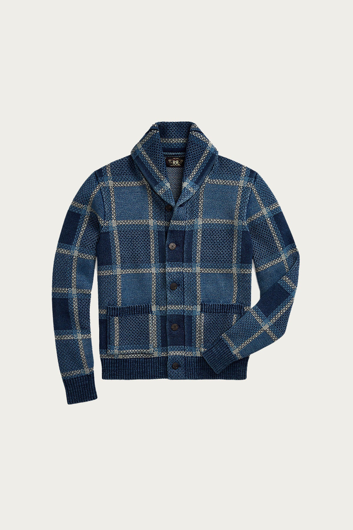 RRL Indigo Plaid Cotton-Linen Cardigan | Blue/Multi | Canoe Club