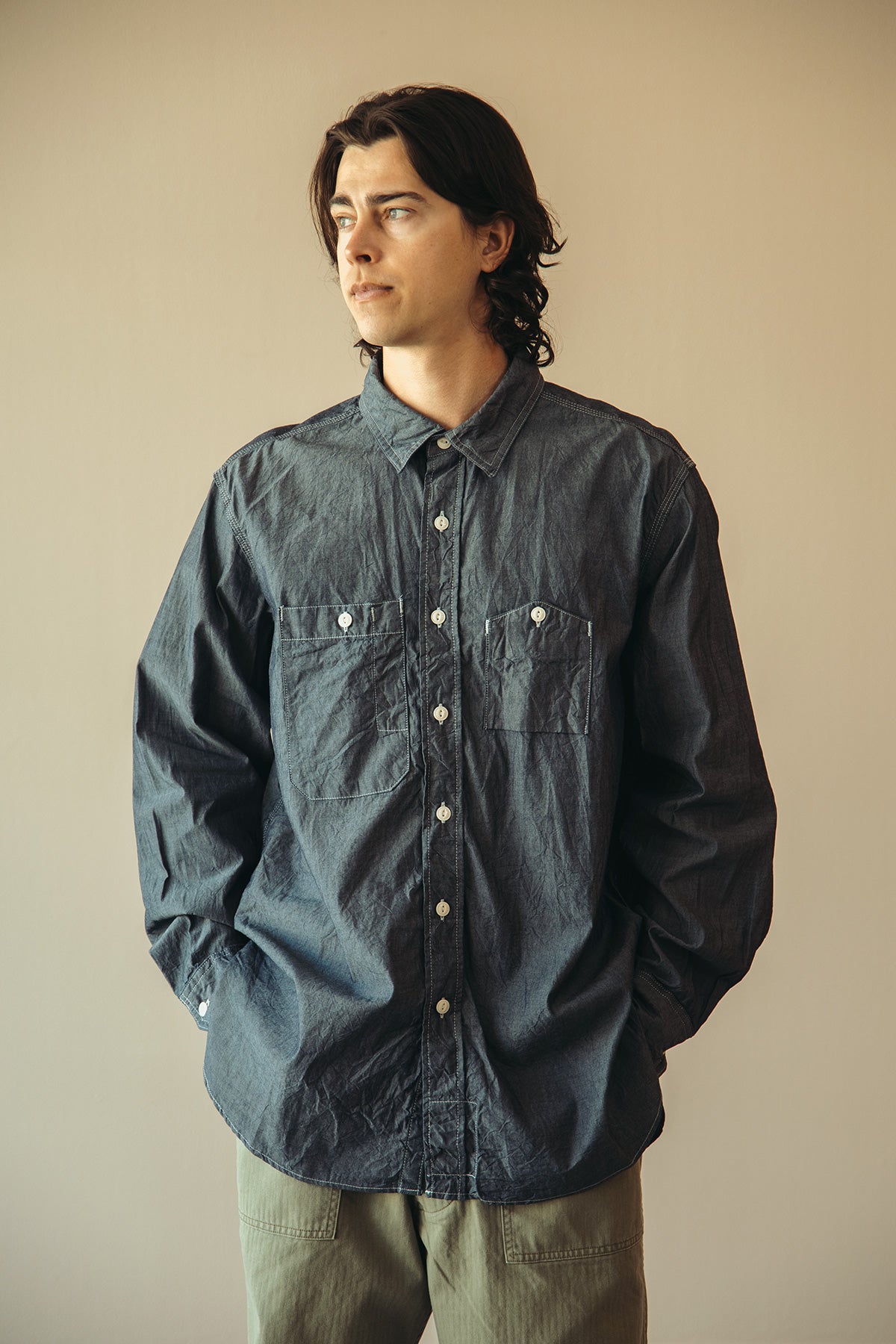 frizmworks cigarette pocket chambray shirt in Blue for Men Born in 2010 by founder An Jong Hyun (Jay to us!) Lightweight cotton chambray shirt Engineered Garments Work Shirt |