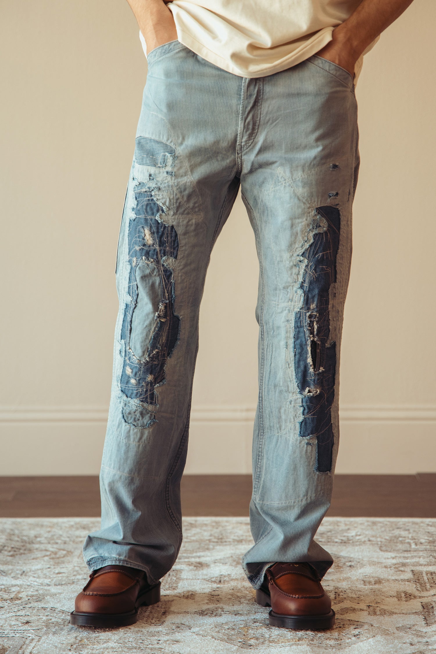 RRL - Vintage 5-Pocket Repaired Indigo Pant - Destroyed Repair Stripe - Canoe Club