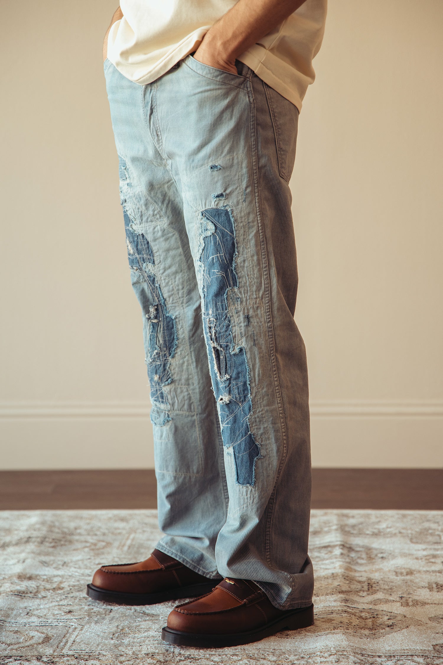 RRL - Vintage 5-Pocket Repaired Indigo Pant - Destroyed Repair Stripe - Canoe Club
