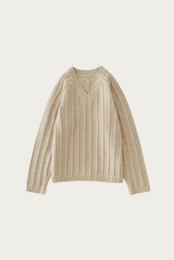 Aaron Levine - Sussex V-Neck Cable Jumper - Oatmeal (AL x SN) - Canoe Club