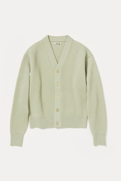 Auralee French Merino Rib Knit Cardigan | Light Khaki | Canoe Club