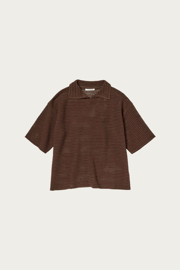 Auralee Tussah Silk Cotton Mesh Knit Skipper Polo | Brown | Canoe Club