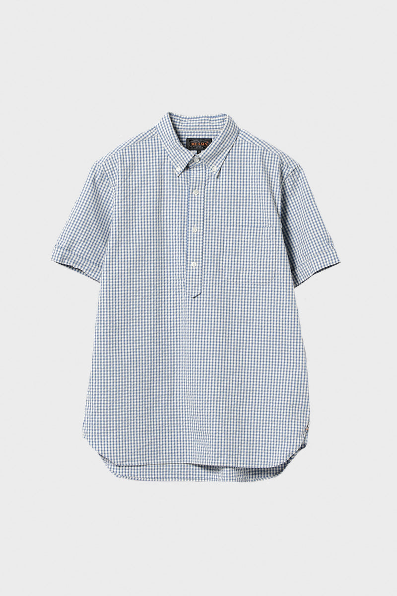 Beams+ B.D. Pullover Short Sleeve Indigo Seersucker | Gingham | Canoe Club