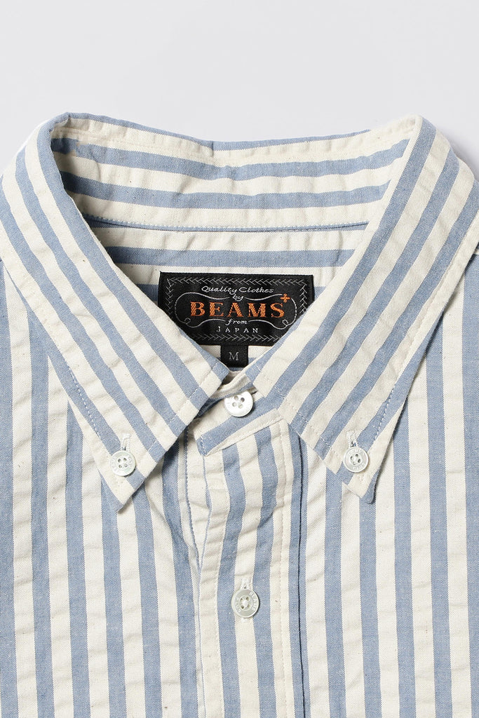 Beams Plus - B.D. Pullover Short Sleeve Indigo Seersucker - Stripe - Canoe Club