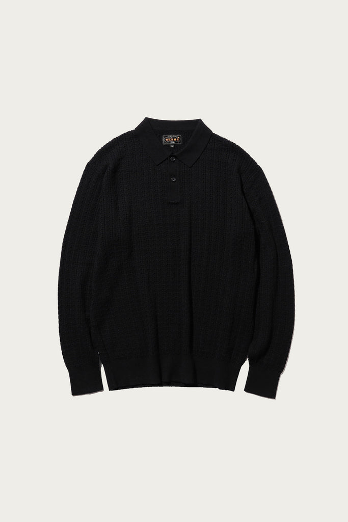 Beams Plus - Cable Knit Polo - Black - Canoe Club